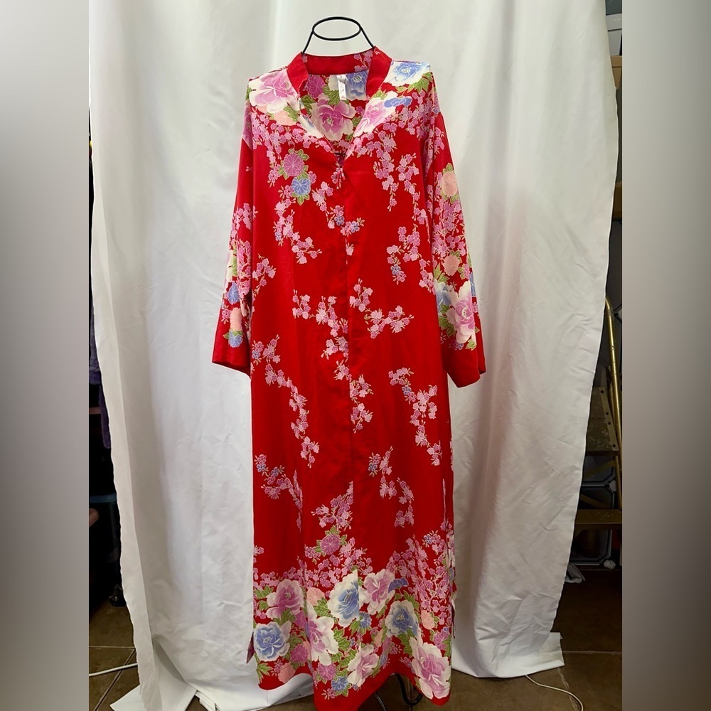 Natori Cruz floral print front zip red kaftan size M